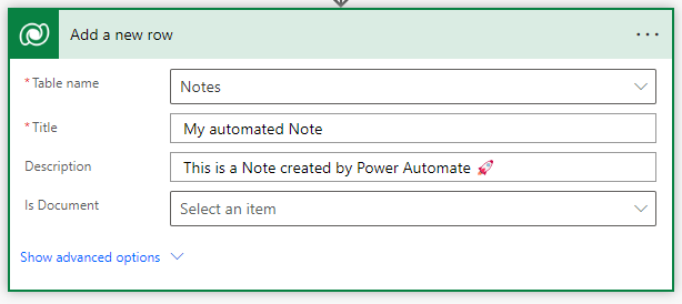 Action 'Add a new row'