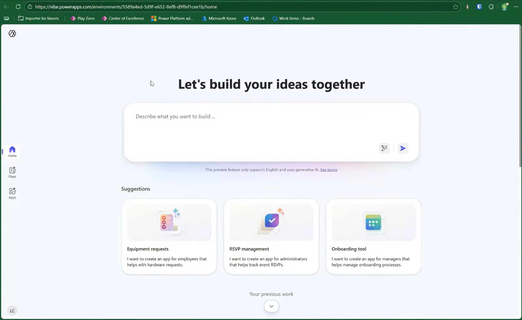 La page d&rsquo;accueil du portail vibe.powerapps.com